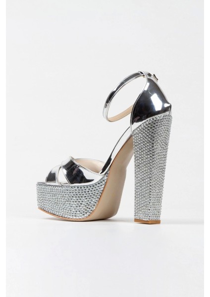 Gümüş Ayna Ökçe Poli Taşklasik Köşe Kalıplı Kalın Topuklu Kadın Abiye Ayakkabı Kadın Topuklu Şık modelleri