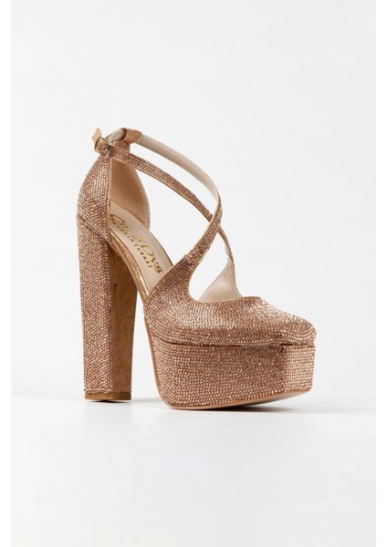 Gold Sultan Full Taş Klasik Köşe Kalıplı Kalın Topuklu Kadın Abiye Ayakkabı Kadın Topuklu Şık