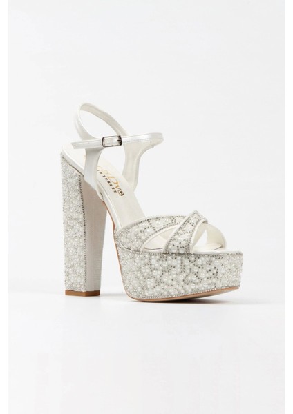 Platin Ayna Full İnci Taşlı Klasik Köşe Kalıplı Kalın Topuklu Kadın Abiye Ayakkabı Kadın Topuklu Şık