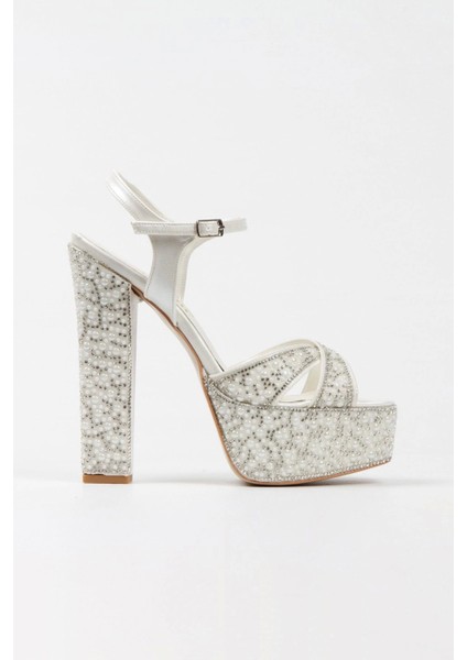 Platin Ayna Full İnci Taşlı Klasik Köşe Kalıplı Kalın Topuklu Kadın Abiye Ayakkabı Kadın Topuklu Şık modelleri