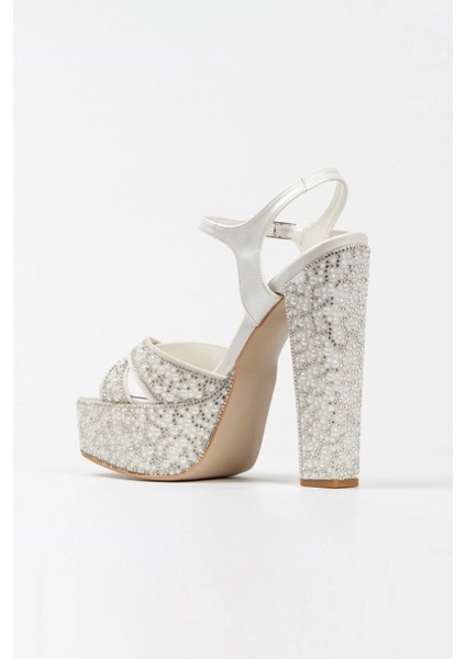 Platin Ayna Full İnci Taşlı Klasik Köşe Kalıplı Kalın Topuklu Kadın Abiye Ayakkabı Kadın Topuklu Şık fırsatları