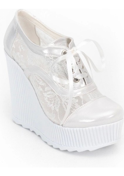 Beyaz Tül Çınar Kadın Dolgu Topuklu Ayakkabı Kadın Topuklu Abiye Ayakkabı Şık Gece Ayakkabısı