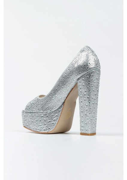 Kadın Moda Şık Gümüş Sultan Taşlı Klasik Köşe Kalıplı Kalın Düğün Nişan Gece Abiye Ayakkabısı modelleri