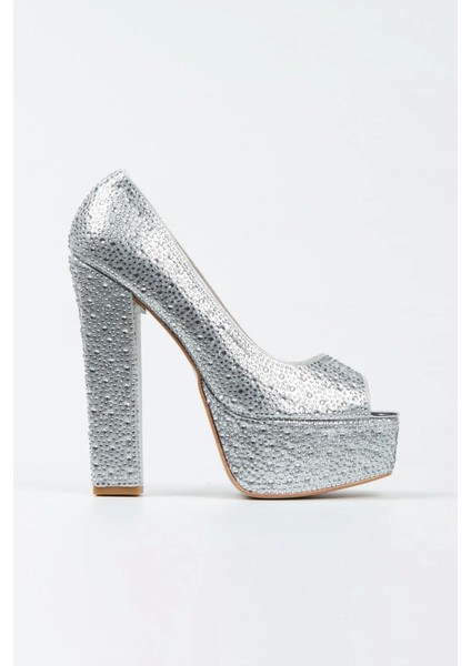 Kadın Moda Şık Gümüş Sultan Taşlı Klasik Köşe Kalıplı Kalın Düğün Nişan Gece Abiye Ayakkabısı fırsatları