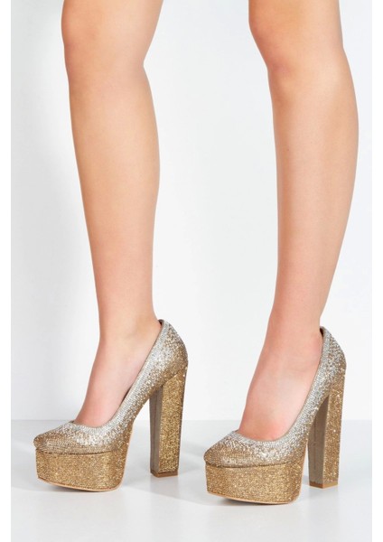 Kadın Moda Gold Sultan Çift Renk Taşlı Klasik Köşe Kalıplı Topuklu Düğün Nişan Gece Abiye Ayakkabısı