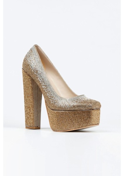 Kadın Moda Gold Sultan Çift Renk Taşlı Klasik Köşe Kalıplı Topuklu Düğün Nişan Gece Abiye Ayakkabısı fiyatları