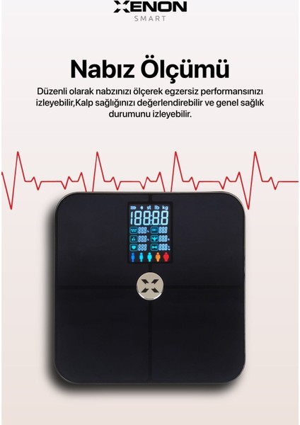 Akıllı Tartı Dijital Baskül, Apple Health Google Fit Nabız, Vücut Kitle, Kas, Su, Kemik, Yağ Ölçümü