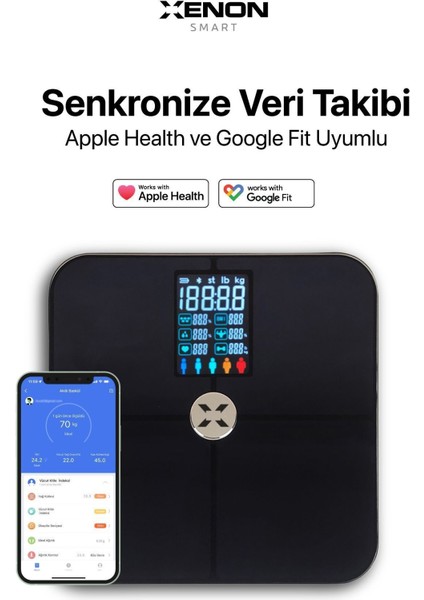 Akıllı Tartı Dijital Baskül, Apple Health Google Fit Nabız, Vücut Kitle, Kas, Su, Kemik, Yağ Ölçümü