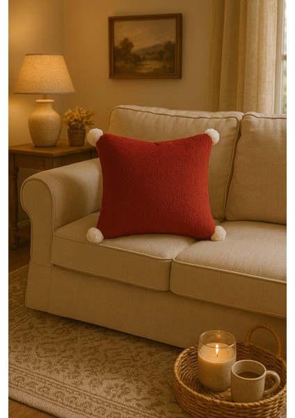 Elegance Kırmızı Ponponlu Kırlent Kılıfı