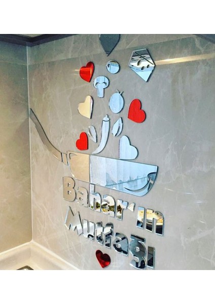 Dekoratif Mutfak Aynası Isme Özel Gümüş Renk Kırmızı Kalpli Standart