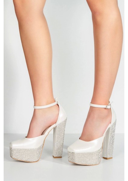 Kadın Moda Sedef Cilt Ökçe Poli Taşlı Klasik Köşe Kalıplı Kalın Düğün Nişan Gece Abiye Ayakkabısı