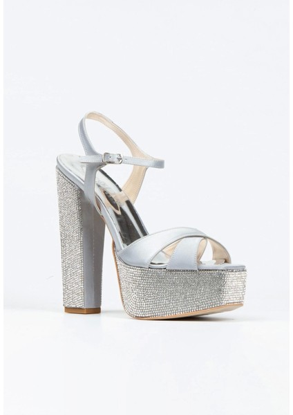 Kadın Moda Gümüş Saten Ökçe-Poli Taşlı Klasik Köşe Kalıplı Kalın Düğün Nişan Gece Abiye Ayakkabısı fiyatları