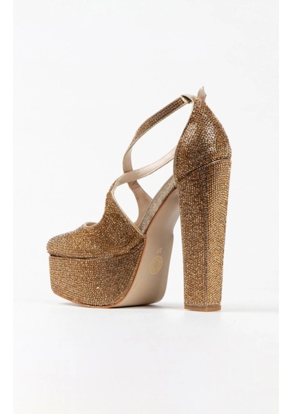 Kadın Moda Şık Gold Sultan Full Taş Klasik Köşe Kalıplı Kalın Düğün Nişan Gece Abiye Ayakkabısı modelleri