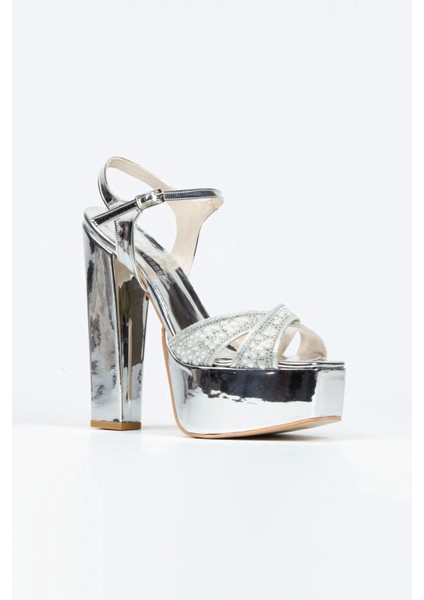 Kadın Moda Şık Gümüş Ayna Yüz Inci Taşlı Klasik Köşe Kalıplı Kalın Düğün Nişan Gece Abiye Ayakkabısı fiyatları