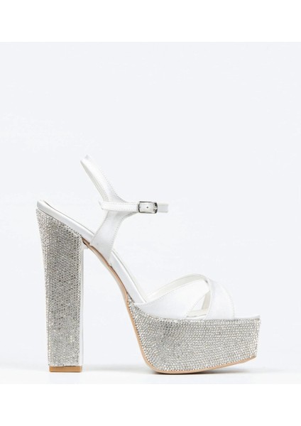 Kadın Moda Gümüş Saten Ökçe-Poli Taşlı Klasik Köşe Kalıplı Kalın Düğün Nişan Gece Abiye Ayakkabısı fırsatları