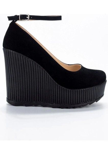 Kadın Moda Şık Siyah Süet Dolgu Topuklu Ayakkabı Topuklu Düğün Nişan Gece Abiye Ayakkabısı fırsatları