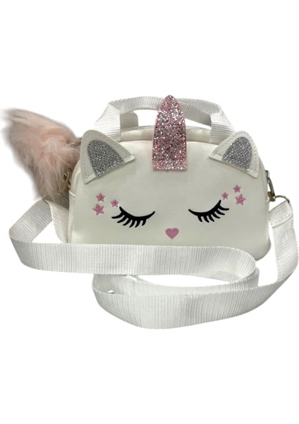 Beyaz Renk Kız Çocuk Çanta Ponponlu Nakışlı Kız Çocuk Omuz ve El Çantası