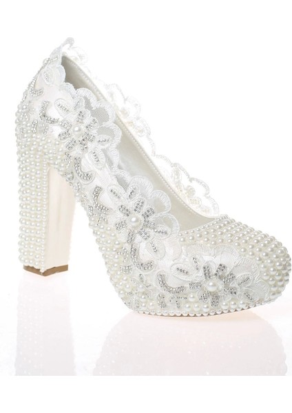 Sedef İnci Taş İşlemeli Gelin Ayakkabı Kadın Topuklu Abiye Ayakkabı Şık Gece Ayakkabısı