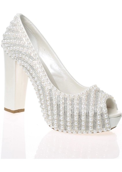 Kadın Beyaz Sedef İnci Taş İşlemeli Gelin Ayakkabı Kadın Topuklu Abiye Ayakkabı Şık Gece Ayakkabısı