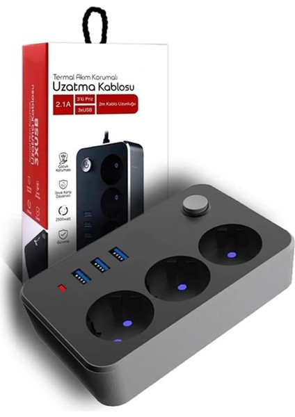 Byars-Termal Akım Korumalı Priz 2 Metre 2.1A 2xusb 1xtype-C Anahtarlı Seyyar Çoklu Priz Blic Ftr-02 Byarsbilişim