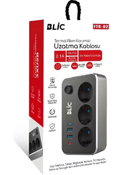 Byars-Termal Akım Korumalı Priz 2 Metre 2.1A 2xusb 1xtype-C Anahtarlı Seyyar Çoklu Priz Blic Ftr-02 Byarsbilişim
