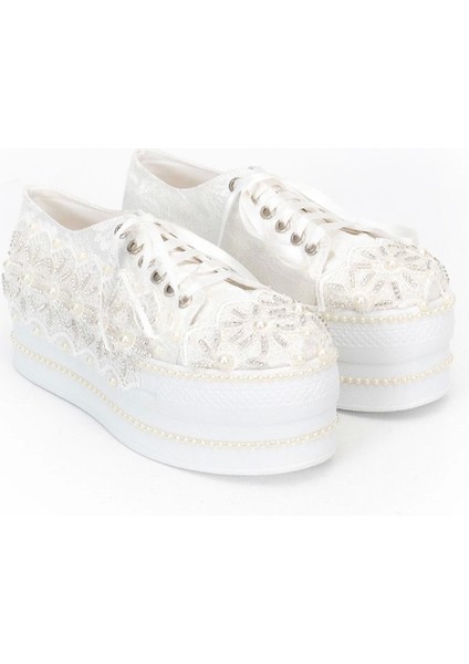 Kadın Moda Şık Beyaz Çınar Taşlı Dolgu Topuklu Ayakkabı Topuklu Düğün Nişan Gece Abiye Ayakkabısı