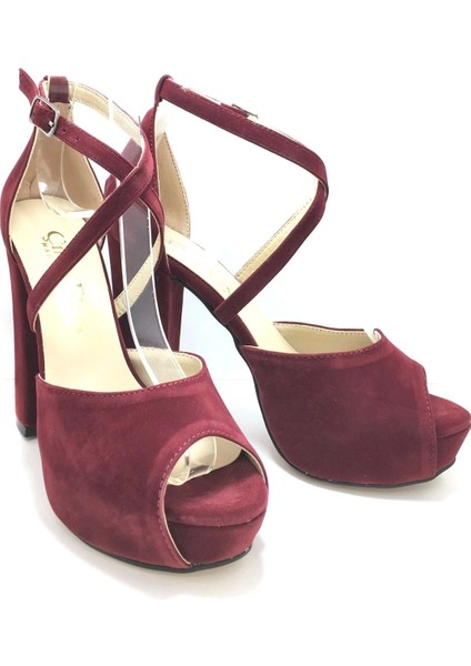 Bordo Süet Kadın Abiye Ayakkabı Kadın Topuklu Şık Gece Ayakkabısı Zarif Tasarım Yüksek Topuk