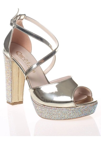 Kadın Gold Ayna Ökçe Poli Taş Abiye Ayakkabı Kadın Topuklu Şık Gece Ayakkabısı Zarif Tasarım