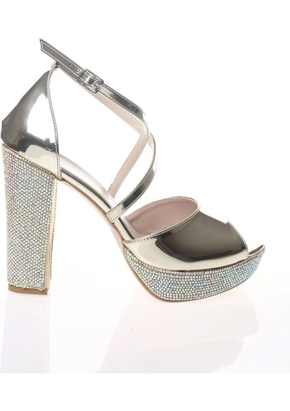 Kadın Gold Ayna Ökçe Poli Taş Abiye Ayakkabı Kadın Topuklu Şık Gece Ayakkabısı Zarif Tasarım modelleri