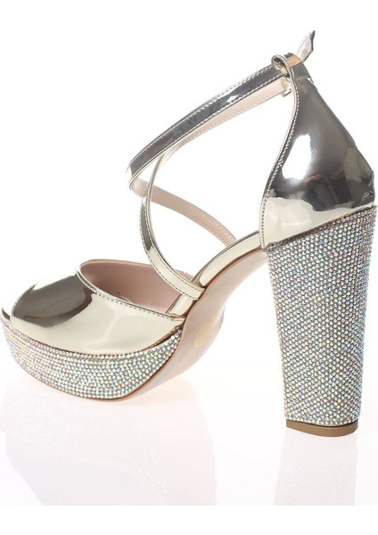 Kadın Gold Ayna Ökçe Poli Taş Abiye Ayakkabı Kadın Topuklu Şık Gece Ayakkabısı Zarif Tasarım fırsatları