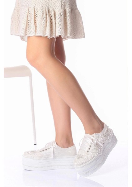 Kadın Moda Şık Beyaz Çınar Taşlı Dolgu Topuklu Ayakkabı Topuklu Düğün Nişan Gece Abiye Ayakkabısı