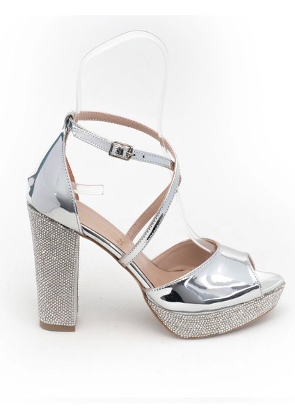 Gümüş Ayna Taşlı Kadın Abiye Ayakkabı Kadın Topuklu Şık Gece Ayakkabısı Zarif Tasarım modelleri