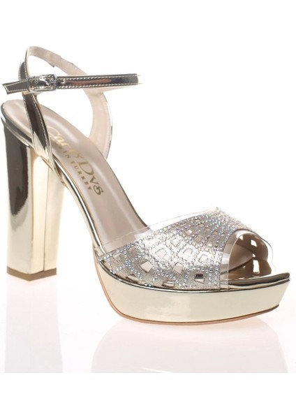 Gold Ayna Şeffaf Kare Yüz Lazer Kadın Abiye Ayakkabı Kadın Topuklu Şık Gece Ayakkabısı