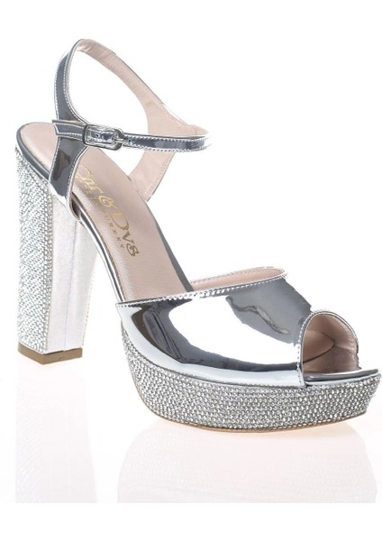 Kadın Gümüş Ayna Ökçe Poli Taş Abiye Ayakkabı Kadın Topuklu Şık Gece Ayakkabısı Zarif Tasarım