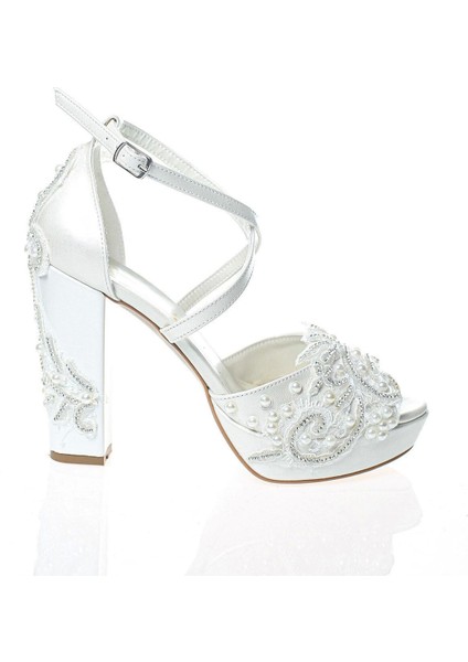 Kadın Moda Şık Sedef Inci Taş Işlemeli Gelin Ayakkabısı Topuklu Düğün Nişan Gece Abiye Ayakkabısı