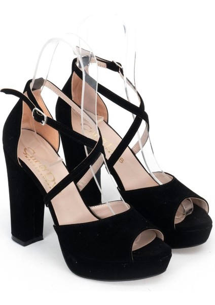 Kadın Moda Şık Siyah Süet Topuklu Zarif Tasarım Yüksek Topuk Düğün Nişan Gece Abiye Ayakkabısı