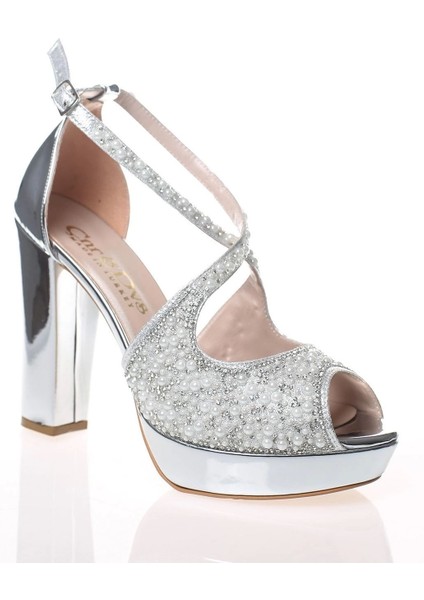 Kadın Gümüş Ayna Yüz İnci Taş Abiye Ayakkabı Kadın Topuklu Şık Gece Ayakkabısı Zarif Tasarım