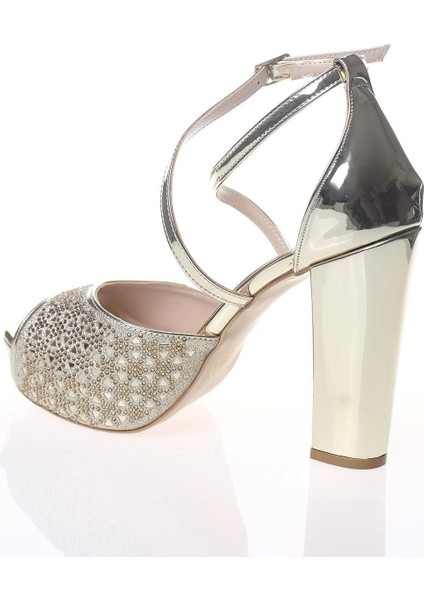 Kadın Moda Şık Gold Ayna Daire Lazer Topuklu Zarif Tasarım Düğün Nişan Gece Abiye Ayakkabısı modelleri