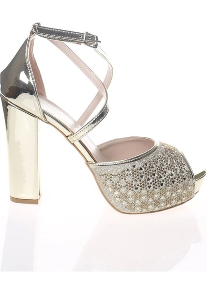 Kadın Moda Şık Gold Ayna Daire Lazer Topuklu Zarif Tasarım Düğün Nişan Gece Abiye Ayakkabısı fırsatları