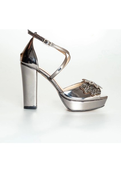 Kadın Moda Şık Platin Ayna Taşlı Topuklu Zarif Tasarım Düğün Nişan Gece Abiye Ayakkabısı