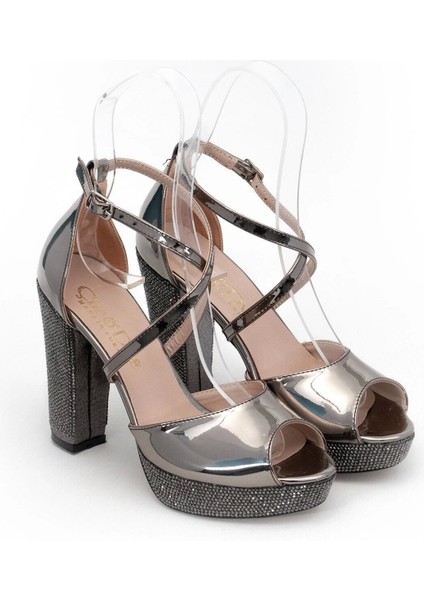 Kadın Moda Şık Platin Ayna Taşlı Topuklu Zarif Tasarım Düğün Nişan Gece Abiye Ayakkabısı