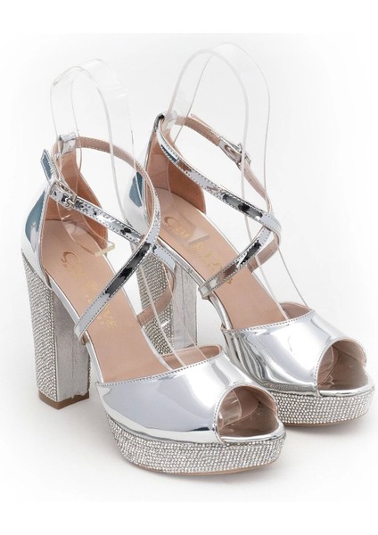 Kadın Moda Şık Gümüş Ayna Taşlı Topuklu Zarif Tasarım Düğün Nişan Gece Abiye Ayakkabısı