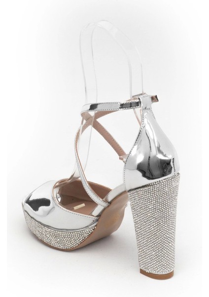 Kadın Moda Şık Gümüş Ayna Taşlı Topuklu Zarif Tasarım Düğün Nişan Gece Abiye Ayakkabısı modelleri