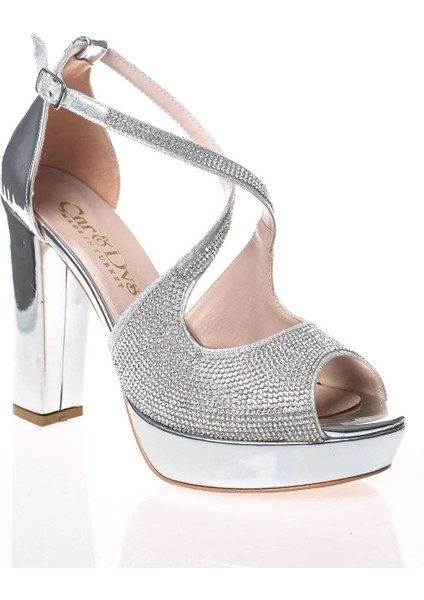 Gümüş Ayna Yüz Taş Kadın Abiye Ayakkabı Kadın Topuklu Şık Gece Ayakkabısı Zarif Tasarım