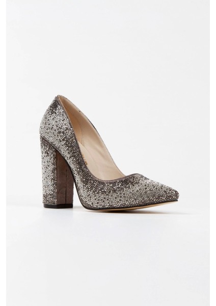 Gümüş Sultan Çift Renktaşlı Klasik Sivri Kalın Topuklu Kadın Abiye Ayakkabı Kadın Topuklu Şık
