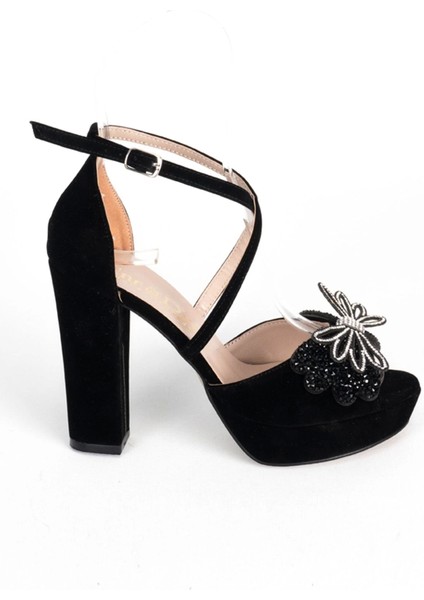 Kadın Moda Şık Siyah Süet Taşlı Topuklu Zarif Tasarım Düğün Nişan Gece Abiye Ayakkabısı