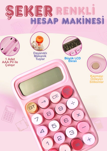 Şeker Gibi Hesaplar - 10 Haneli, Yuvarlak Tuşlu Hesap Makinesi (Pembe)