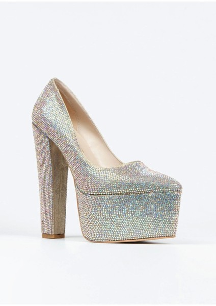 Gold Full Taşlı Klasik Sivri Kalın Topuklu Sivri Platformlu Kadın Abiye Ayakkabı Kadın Topuklu Şık