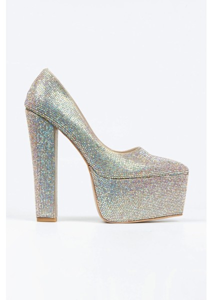 Gold Full Taşlı Klasik Sivri Kalın Topuklu Sivri Platformlu Kadın Abiye Ayakkabı Kadın Topuklu Şık modelleri