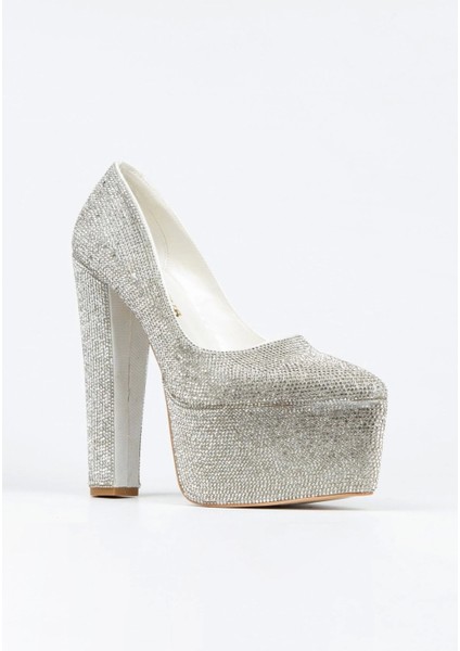 Gold Full Taşlı Klasik Sivri Kalın Topuklu Sivri Platformlu Kadın Abiye Ayakkabı Kadın Topuklu Şık